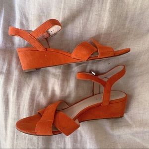 Orange suede Nine West wedge sandals, Sz. 7.5